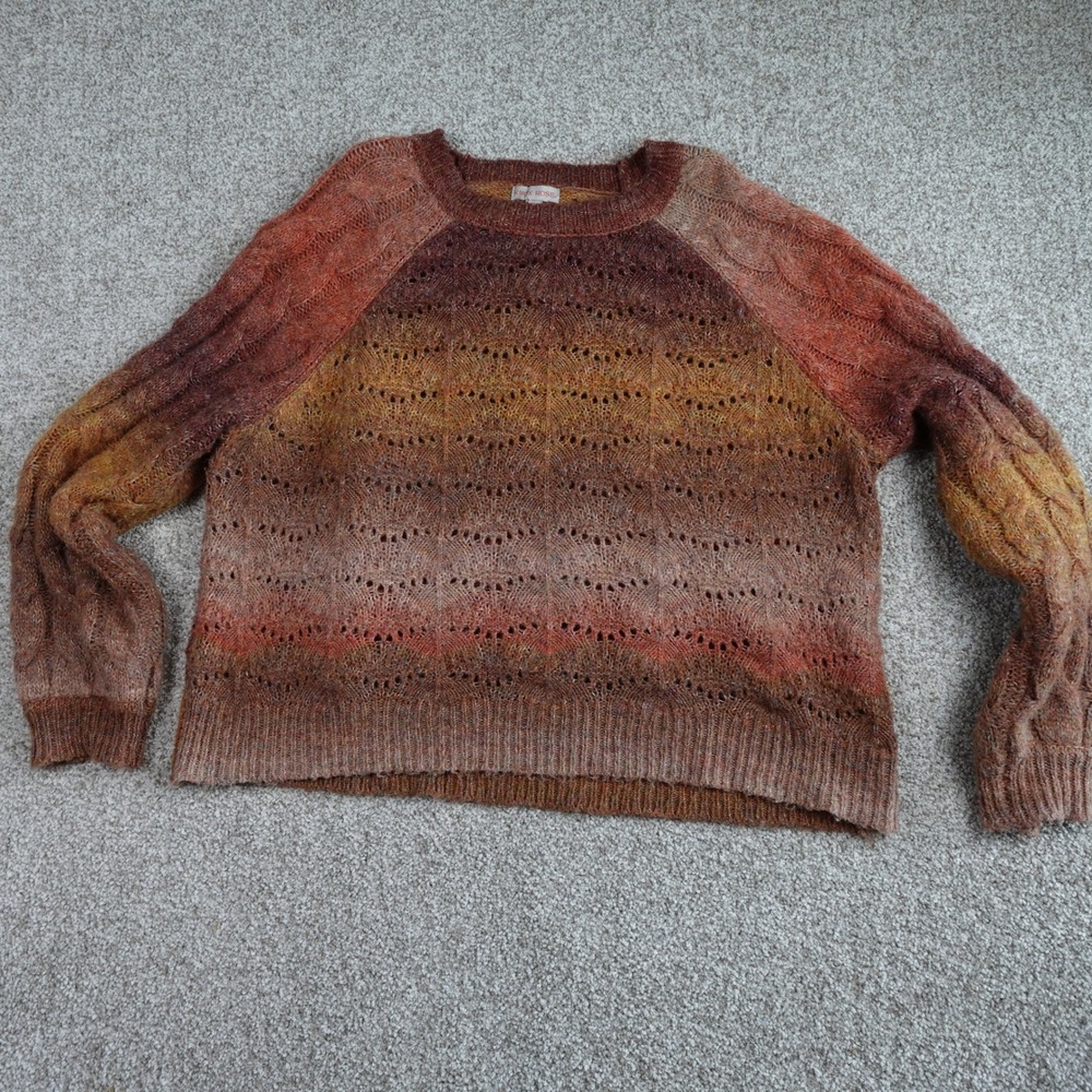 Knox Rose Womens 1X Ombre Pointelle Cable Knit Sweater Rust Orange Sunset Boho - Picture 2 of 5